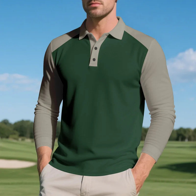 Polo Homme Automne Américain – Coupe Large, Bloc De Couleurs, Manches Longues, Col Avec Boutons, Casual Golf