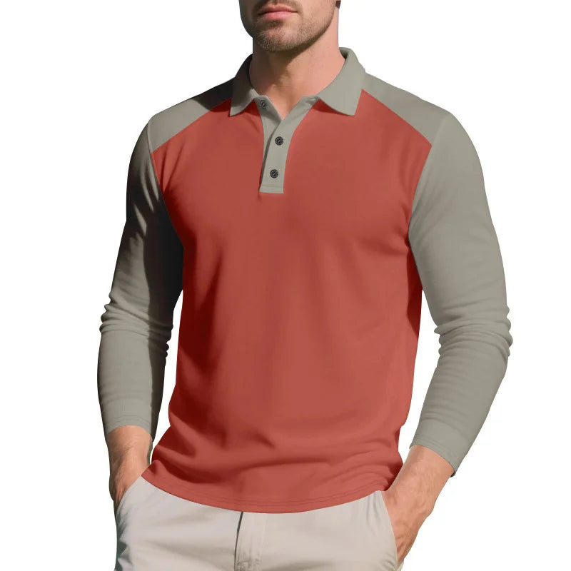 Polo Homme Automne Américain – Coupe Large, Bloc De Couleurs, Manches Longues, Col Avec Boutons, Casual Golf