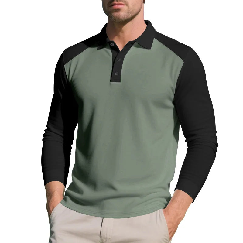 Polo Homme Automne Américain – Coupe Large, Bloc De Couleurs, Manches Longues, Col Avec Boutons, Casual Golf