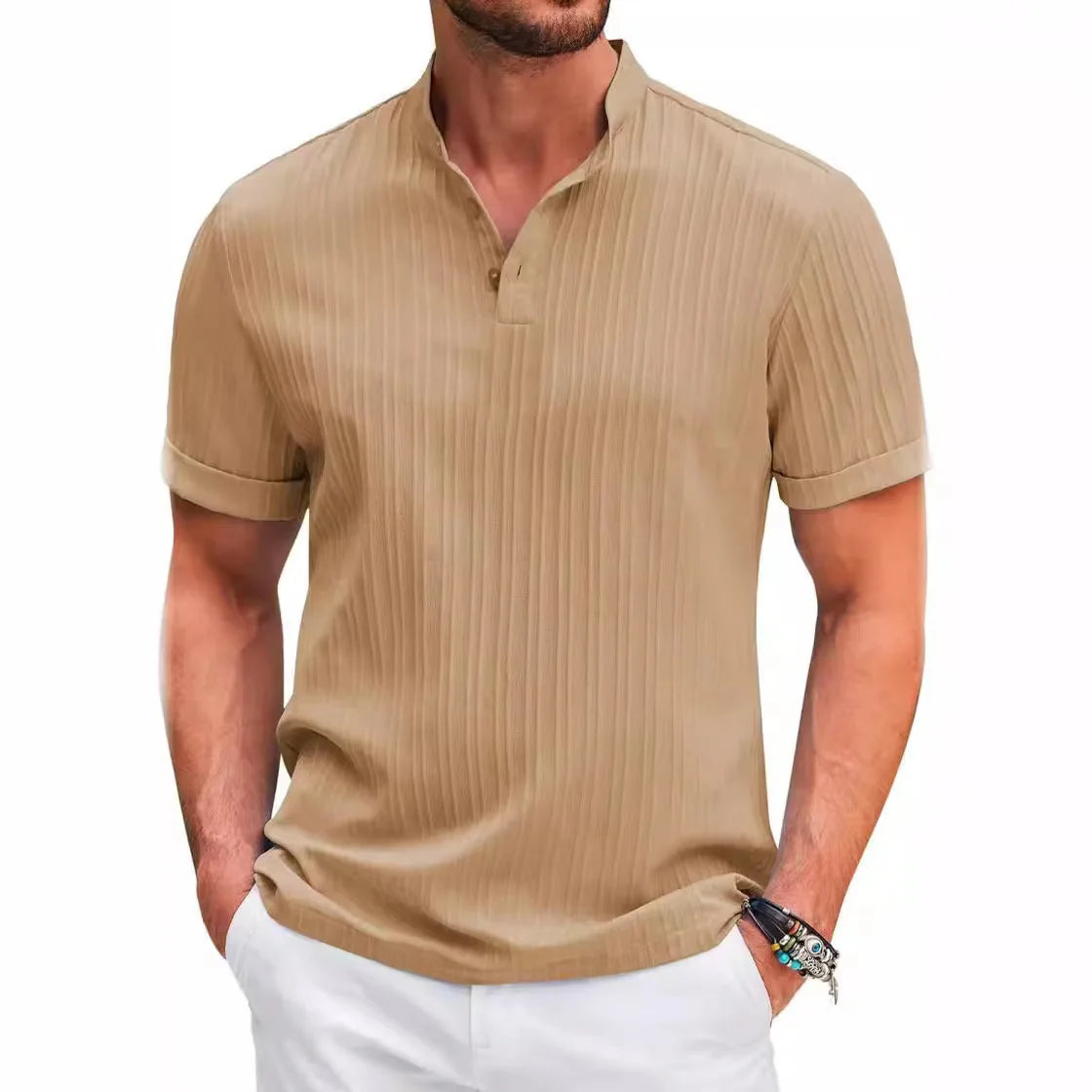 Chemise Homme Hawaïenne – Coton & Lin, Col Montant, Casual