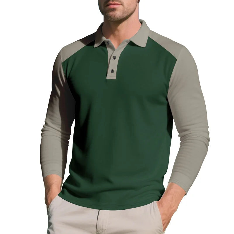 Polo Homme Automne Américain – Coupe Large, Bloc De Couleurs, Manches Longues, Col Avec Boutons, Casual Golf