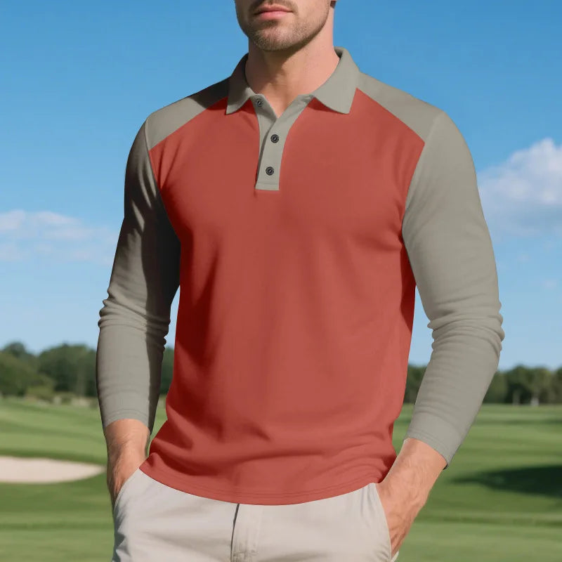 Polo Homme Automne Américain – Coupe Large, Bloc De Couleurs, Manches Longues, Col Avec Boutons, Casual Golf
