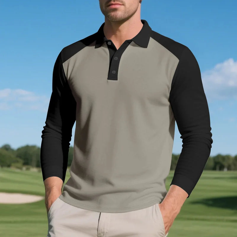 Polo Homme Automne Américain – Coupe Large, Bloc De Couleurs, Manches Longues, Col Avec Boutons, Casual Golf