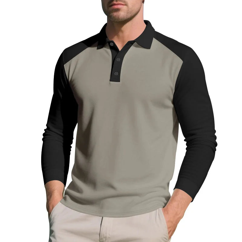 Polo Homme Automne Américain – Coupe Large, Bloc De Couleurs, Manches Longues, Col Avec Boutons, Casual Golf