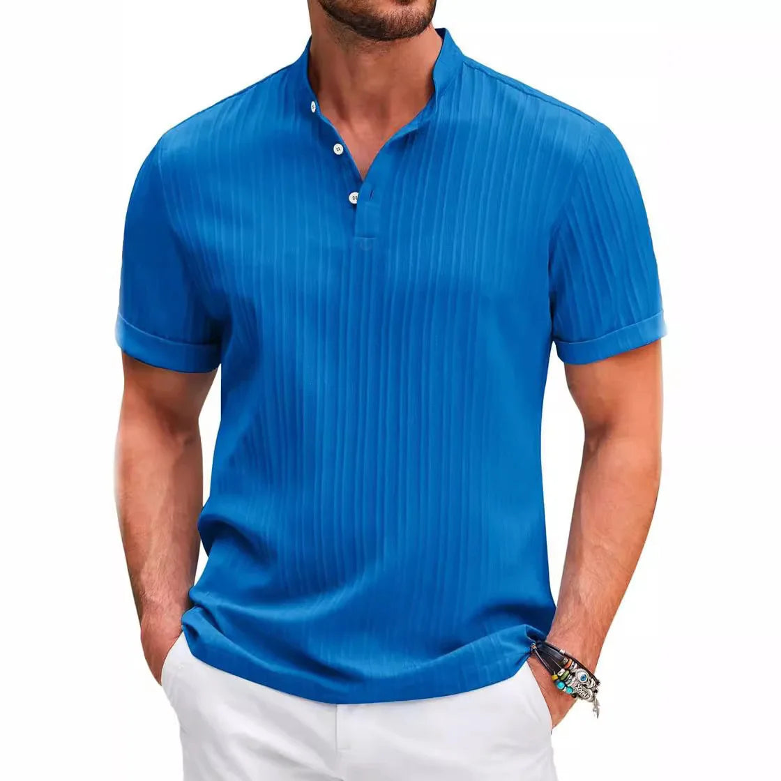 Chemise Homme Hawaïenne – Coton & Lin, Col Montant, Casual