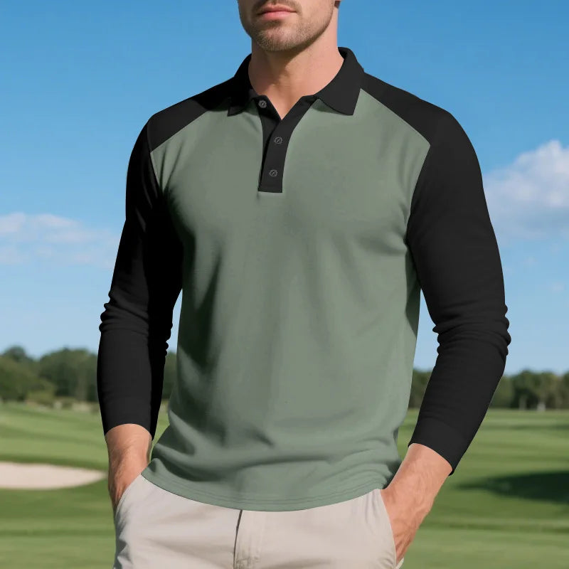 Polo Homme Automne Américain – Coupe Large, Bloc De Couleurs, Manches Longues, Col Avec Boutons, Casual Golf