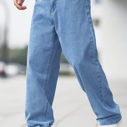 Jean Homme Casual – Jambe Large, Poches Diagonales, Délavage Clair, Coupe Droite