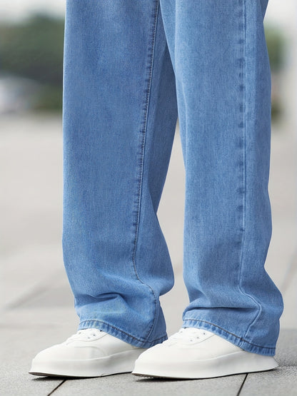 Jean Homme Casual – Jambe Large, Poches Diagonales, Délavage Clair, Coupe Droite