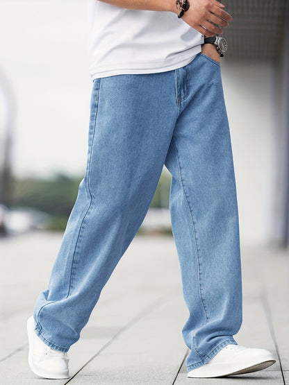 Jean Homme Casual – Jambe Large, Poches Diagonales, Délavage Clair, Coupe Droite