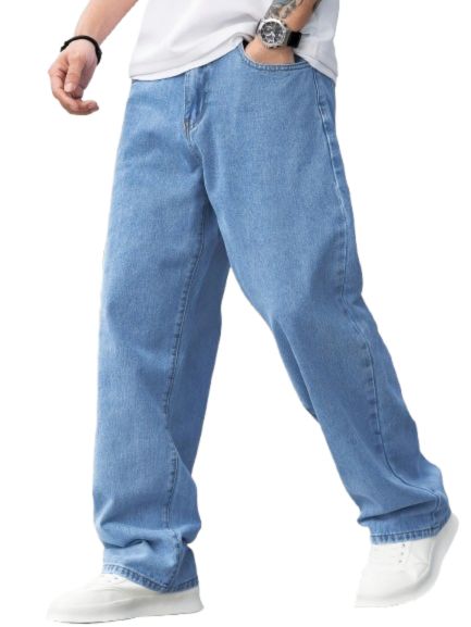 Jean Homme Casual – Jambe Large, Poches Diagonales, Délavage Clair, Coupe Droite