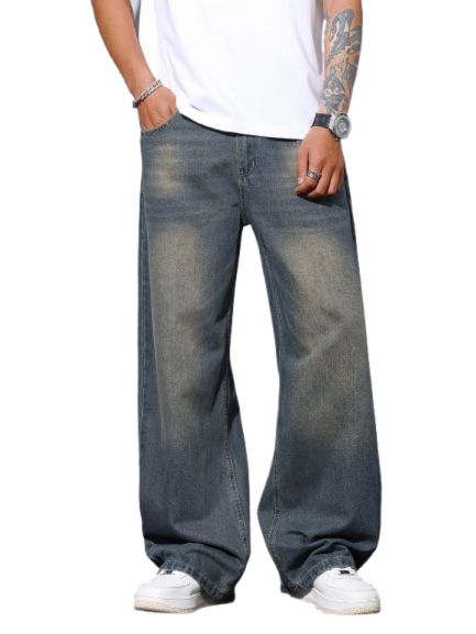 Jean Homme Casual – Bleu, Coupe Large, Ourlet Brut, Tissu Non Extensible