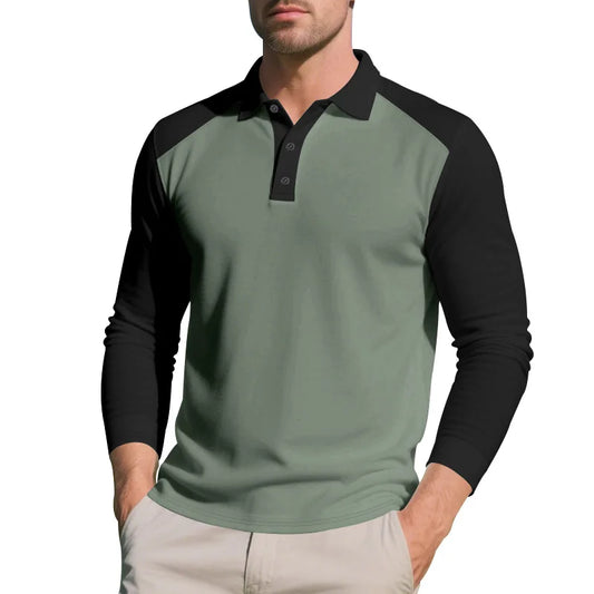 Polo Homme Automne Américain – Coupe Large, Bloc De Couleurs, Manches Longues, Col Avec Boutons, Casual Golf