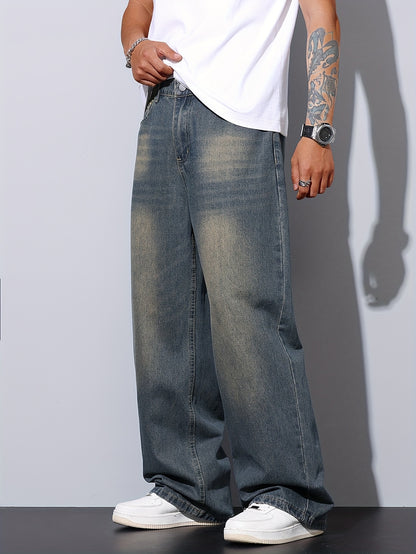 Jean Homme Casual – Bleu, Coupe Large, Ourlet Brut, Tissu Non Extensible