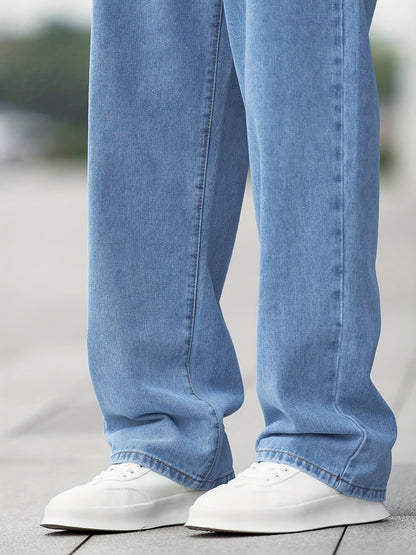 Jean Homme Casual – Jambe Large, Poches Diagonales, Délavage Clair, Coupe Droite