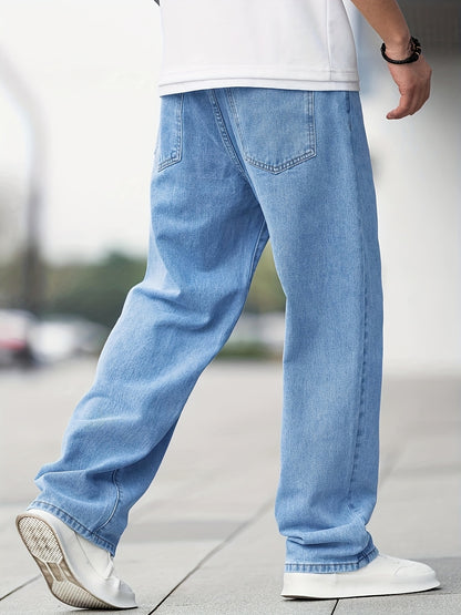 Jean Homme Casual – Jambe Large, Poches Diagonales, Délavage Clair, Coupe Droite
